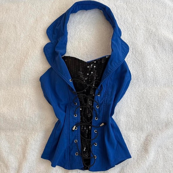 Tops - vintage Y2k fitted blue sequin blue corset halter top